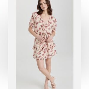 PAIGE Evonna Floral Ruffle Dress Nude Cream/ Cherry Red Small Boho Cottagecore